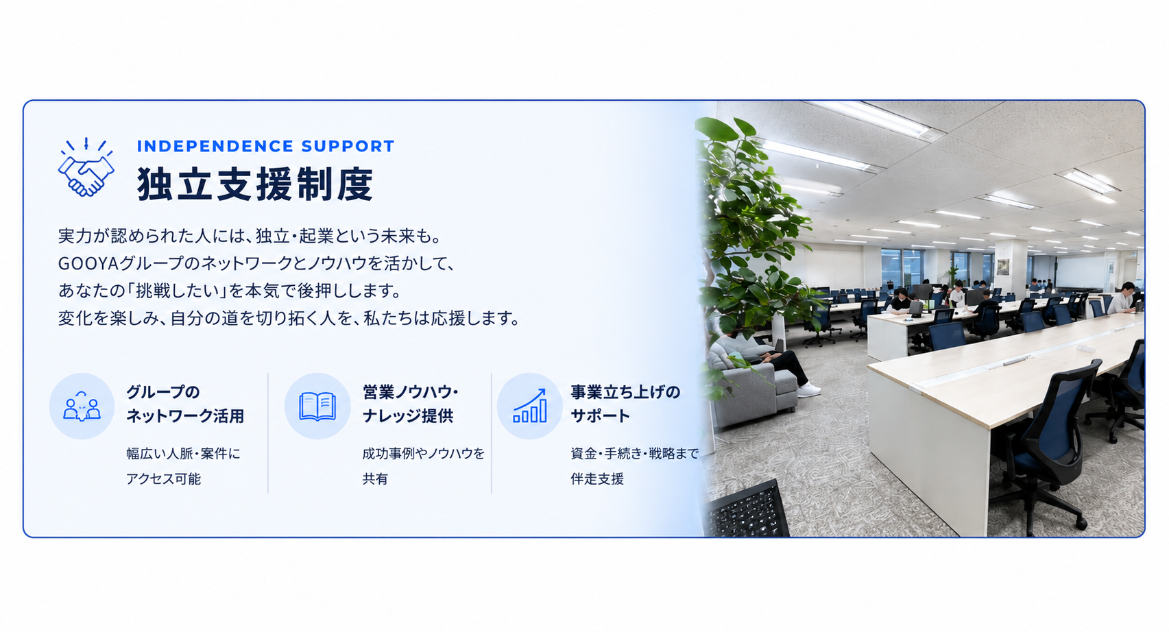 独立支援制度 — グループのネットワーク活用・営業ノウハウ・事業立ち上げサポート